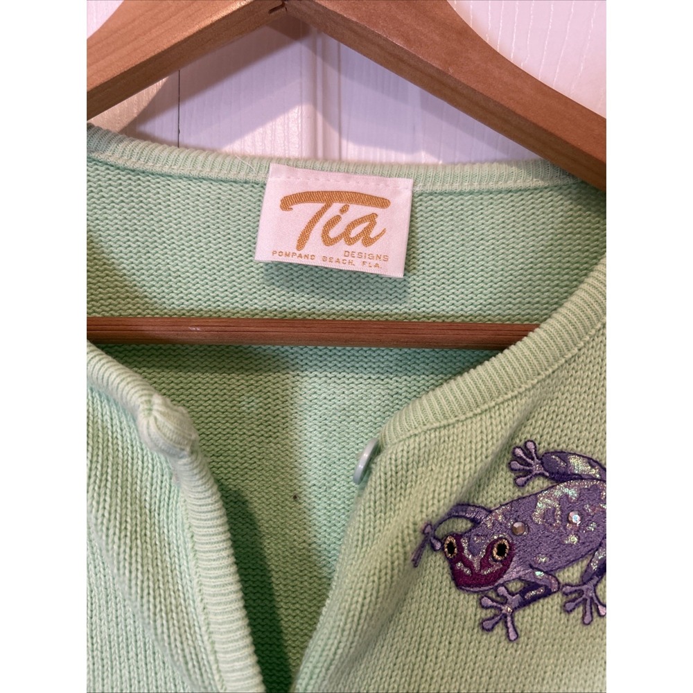 Vtg Tia Womens Grandma Cardigan Sweater Size L Frogs Mint Green Grannycore - Picture 2 of 8